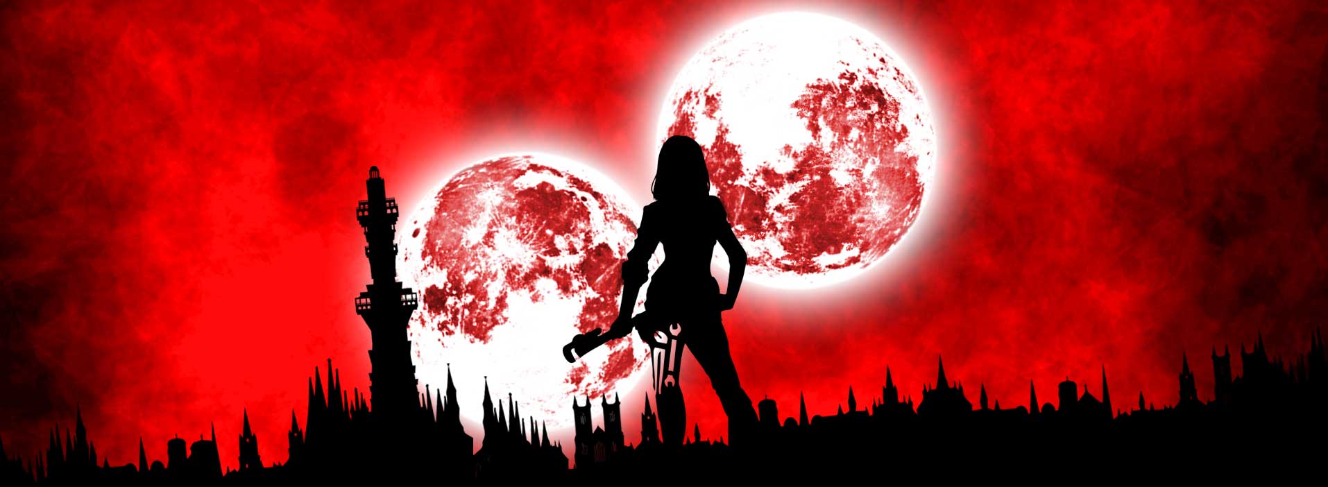 Protagonistin Katrina steht mit einem Schraubenschlüssel vor der Silhouette einer Vampirstadt